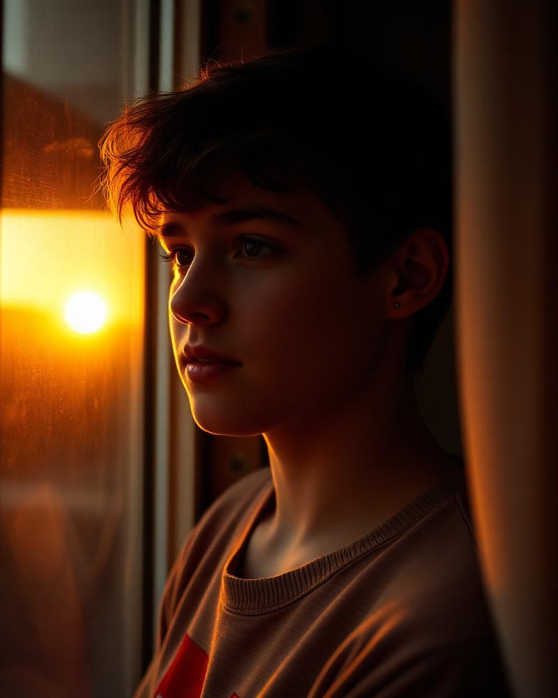 Adolescente mirando pensativamente hacia la ventana al atardecer